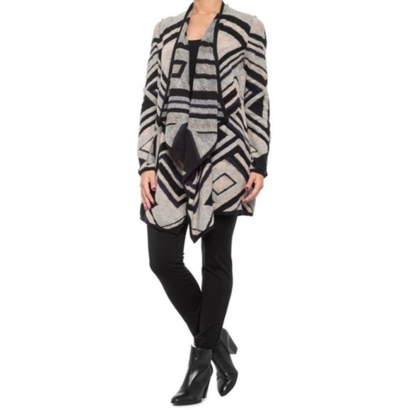 Lucky Brand Intarsia Draped Geometric Open Front Cardigan Womens Size Medium - Picture 2 of 11